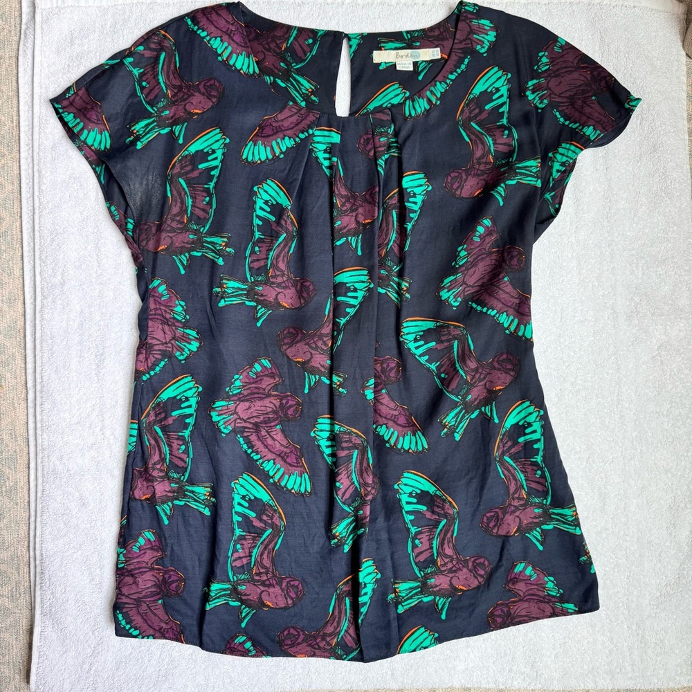 Boden Navy Silk Blouse with Green and Purple Bird Print